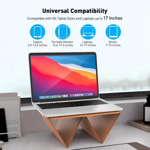 Vista 4 de AboveTEK Soporte plegable portátil 2 en 1 para iPad y portátil para escritorio, soporte de viaje ajustable para MacBook Air de 14 y 17 pulgadas