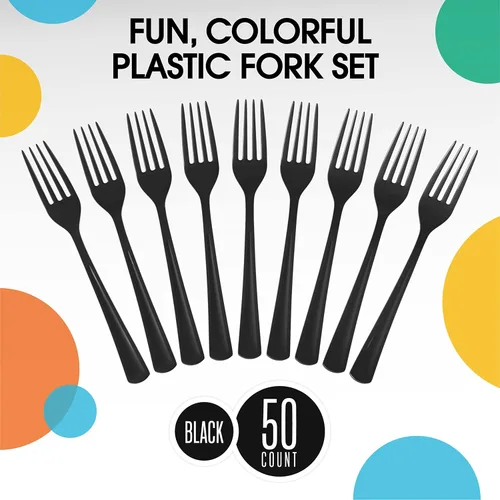 Vista 3 de Exquisite Horquillas de plástico negras resistentes 50 piezas de horquillas Cubiertos, cubiertos y cubiertos de plástico negro para fiestas