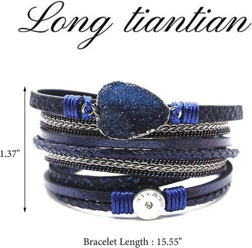 Vista 7 de Long tiantian Pulseras de cuero para mujer, pulsera bohemia de piedra de corazón de cristal, pulsera de múltiples capas, pulsera apilada, regalo