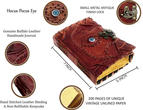 Vista 6 de Cuaderno de piel de hechizos personalizable Hocus Pocus con diseño de tercer ojo, papel con borde antiguo, grimorio vintage, cuaderno de bruja