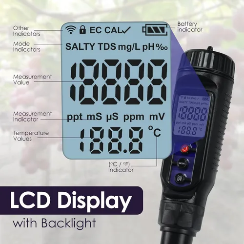 Vista 4 de Medidor de pH para alimentos Medidor digital de temperatura EC pH 3 en 1 con ATC, probador de pH de alimentos para verificar fermentación/masa