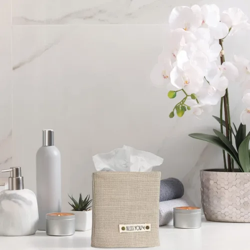 Vista 5 de Elegante funda para caja de pañuelos: este soporte de lino beige cubre instantáneamente tus cajas de pañuelos cuadradas, la cubierta de cubo