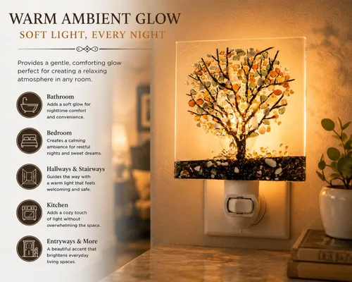 Vista 5 de J Devlin NTL 159-1. Luz nocturna de vidrio fusionado con forma de árbol. Handcrafted fused glass Autumn tree design Warm ambient glow Plug-in with
