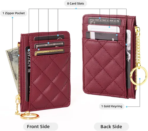 Vista 2 de Soporte para tarjetas de crédito, cartera delgada con llavero con bolsillo frontal para monedas, bolsillo frontal pequeño para mujer, color rojo