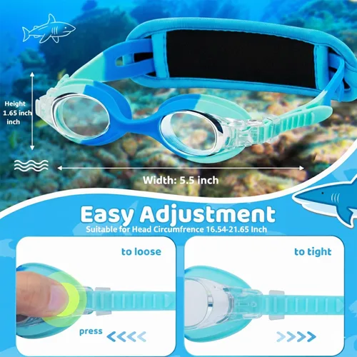 Vista 6 de Vvinca Gafas de natación para niños con correa de tela, sin enredos, sin dolor, antivaho para piscina, sin fugas, para niños y niñas