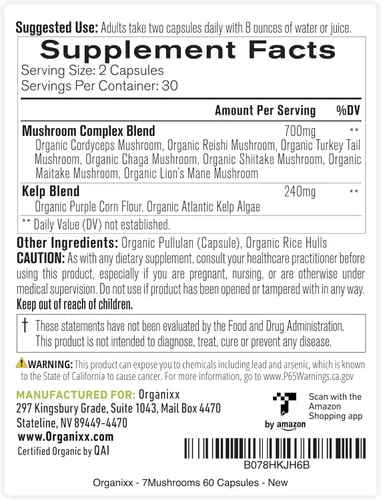 Vista 7 de Organixx USDA Organic Mushroom Supplement, 7 Fermented Mushrooms – Lions Mane, Shiitake, Cordyceps, Turkey Tail, Reishi – for Immune & Digestion