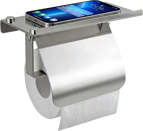 Vista 9 de Soporte de papel higiénico doble de acero inoxidable con estante de almacenamiento para teléfono (gris)