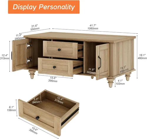 Vista 2 de WAMPAT - Mesa de café de granja con gabinete de almacenamiento, mesas de café de madera para la sala de estar, mesa de té rústica rectangular