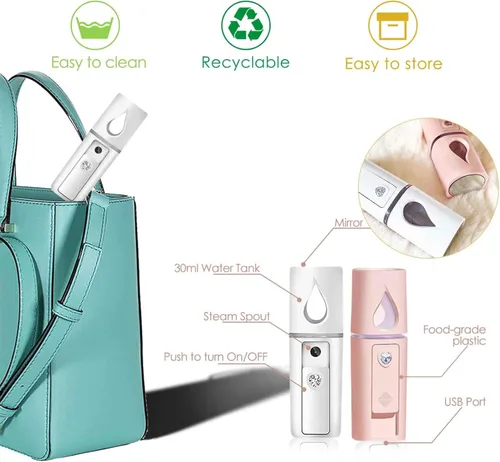 Vista 4 de GIVERARE Nano vaporizador facial, práctico mini rociador con espejo, rociador de niebla recargable por USB, tanque de agua visual hidratante e