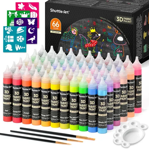 Vista 10 de Shuttle Art Pintura para Tela, 24 Colores de Pintura 3D Permanente con Pinceles, Paleta, Pluma, Lámina de Tela, Plantillas, Brilla en la Oscuridad