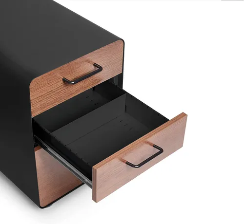 Vista 4 de Poppin Archivador de 3 cajones, color negro + nogal, 2 cajones utilitarios y 1 cajón para colgar, totalmente pintado por dentro y por fuera, acero