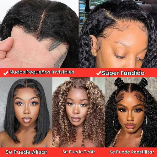 Vista 5 de FIRIEYA - Peluca Bob rizada de pelo humano, 220 densidad, 13x4 encaje frontal HD, pelo humano prearrancado, rizado profundo, sin pegamento, pelucas