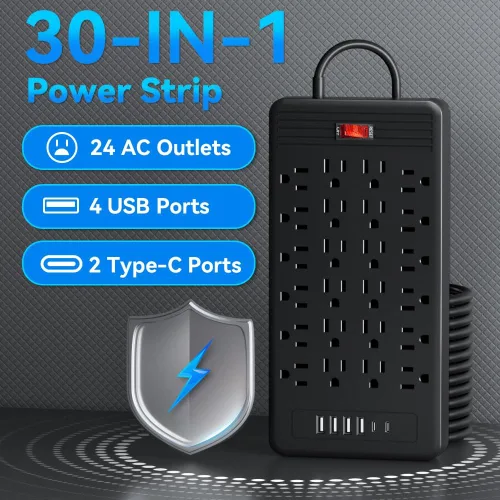 Vista 4 de Regleta protectora de sobretensiones de 24 tomacorrientes – Cable de extensión de enchufe plano de 5 pies con 24 tomas amplias y 4 puertos USB, 2