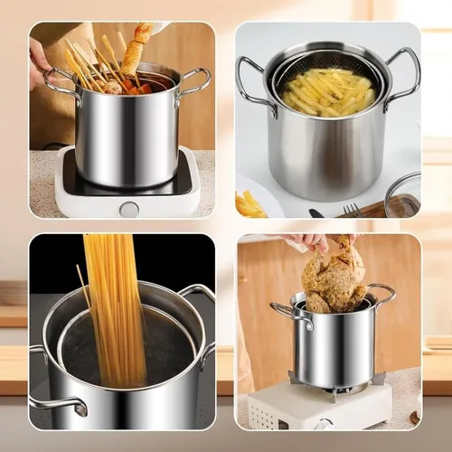 Vista 6 de Olla de freidora profunda de 3.5L con escurridor de aceite, olla de acero inoxidable con tapa y cesta, olla redonda para cocina, restaurante