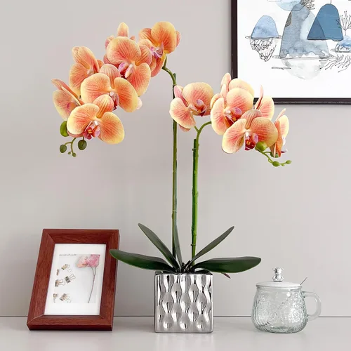 Vista 2 de Orquídeas artificiales Floreros de plata, orquídeas artificiales, orquídea naranja, altura 20 pulgadas