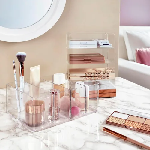 Vista 6 de STORi Organizador de plástico transparente de 4 compartimentos, contenedor de almacenamiento rectangular dividido para maquillaje y tocador, uso