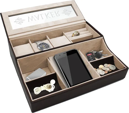 Vista 3 de My Personal Memories, Caja de bandeja de valet de cuero personalizada, organizador de aparador para hombre con monograma personalizado (marrón)