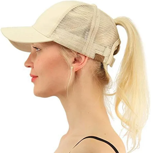 Vista 6 de Gorra de béisbol de malla ajustable para mujer, con cola de caballo, estilo camionero, para exteriores, informal, abierta