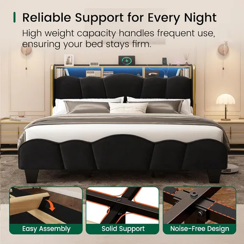 Vista 12 de LARMACE Base de cama tamaño King con luces LED y estación de carga, plataforma tapizada de terciopelo con cabecera de almacenamiento, no necesita