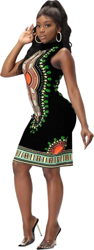 Vista 6 de Vestidos africanos para mujer, estilo bohemio, dashiki, tribal, vintage, étnico, midi Negro