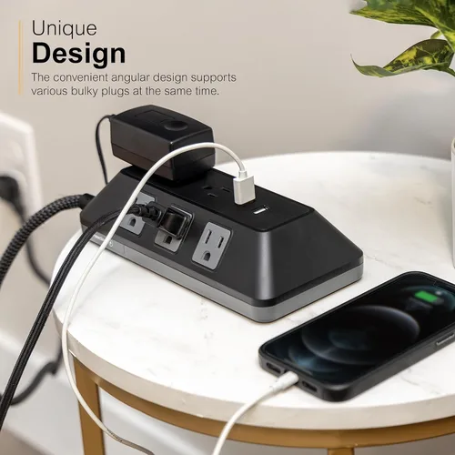Vista 4 de GE SurGE - Tira de alimentación protectora con puertos USB, cable de extensión trenzado de 3 pies, 1780 julios, extensor de 8 tomas, 2 puertos