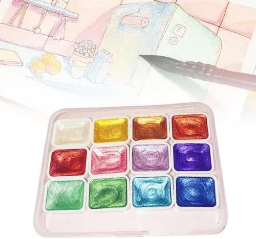 Vista 6 de Juego de pintura de acuarela de 12 colores, suministros de dibujo, juego de pinturas de acuarela metálicas brillantes, kit de pintura colorida