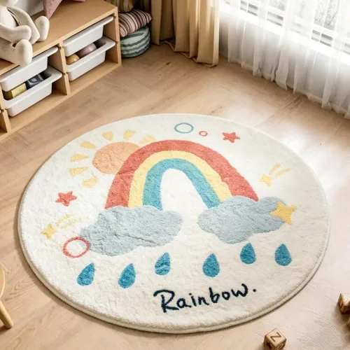 Vista 20 de Poowe Alfombra redonda con diseño de arco iris, colorida alfombra bohemia para niños, ultra suave, lavable, alfombra para habitación del cuarto