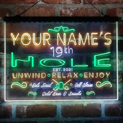 Vista 17 de Personalized 19th Hole Golf Club Tri-Color LED Neon Light Sign Customize Name Date Text Quote Font Green & Red & Yellow 13 x 8.7 Inches