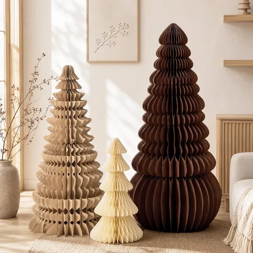 Vista 17 de 3 piezas de árbol de Navidad grande de panal, clásico, beige, verde, marrón