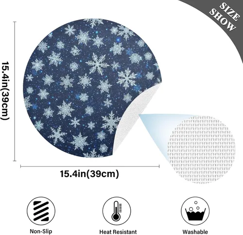 Vista 4 de White Blue Snowflakes Blue Dinner Table Placemats, Heat Resistant Non Slip Circle Washable Placemats for Kitchen one sizex1