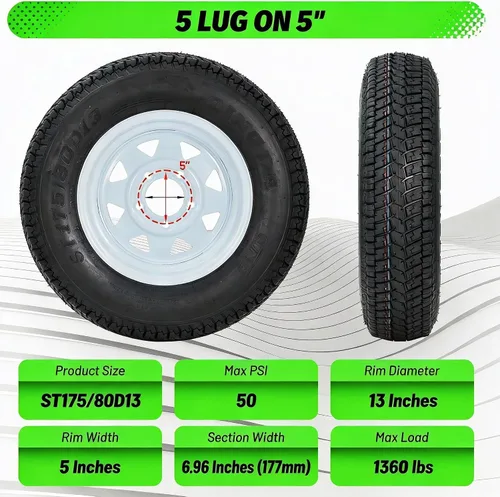 Vista 2 de Neumáticos y Llantas de Remolque ST175/80D13 175 80 13, 5 Pernos en 4.5", Rueda de Radios Blancos Rango de Carga C, 6 Capas, Juego de 2