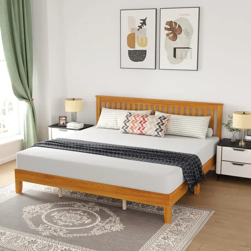 Vista 7 de Marco de cama individual de madera, marco de cama de madera con 14 listones de madera fuertes, marco de cama de madera con cabecera completa, cama
