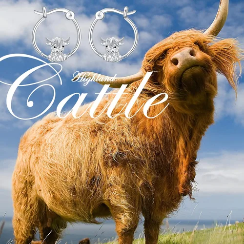 Vista 7 de Highland Cow Jewelry - Aretes de aro de plata de ley 925 con diseño de vaca de las montañas para mujeres, amantes de los animales, regalos