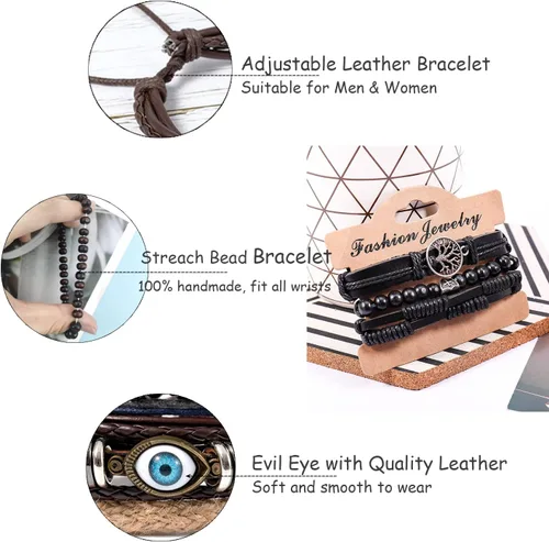 Vista 4 de FIRAZIO Juego de 35 pulseras de cuero trenzado para hombres y mujeres, pulseras de cuentas de madera, cuerdas de cáñamo, étnicas tribales hechas a