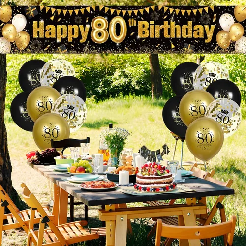 Vista 4 de Globos de decoración de cumpleaños n.° 80 y negro dorado para hombres y mujeres, pancarta de feliz cumpleaños n.° 80 para fiesta de cumpleaños n.°