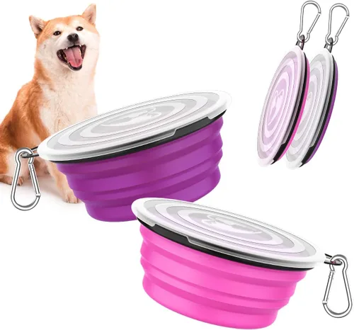 Vista 13 de Pawaboo Cuencos plegables 2 en 1 para perros, cuencos dobles para comida y agua, cuenco de silicona portátil de 180° con gancho de metal, comedero