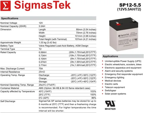 Vista 3 de Batería F2 de 12 voltios y 5.5 Ah (paquete de 10) por SigmasTek