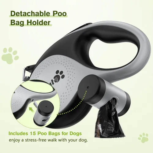 Vista 5 de Correa retráctil para perros grandes, correa retráctil resistente de 26 pies con soporte para bolsa de excrementos, 360° sin enredos, control de un