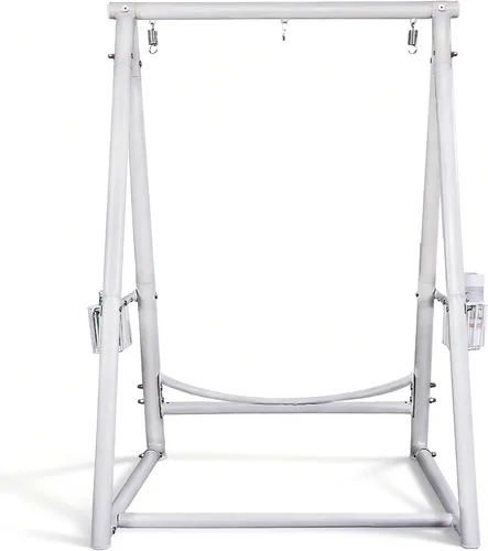 Vista 3 de YOXIFOC Base reforzada y soporte de hamaca de estructura triangular con 2 cestas de almacenamiento, soporte de columpio con 3 ganchos para la Blanco