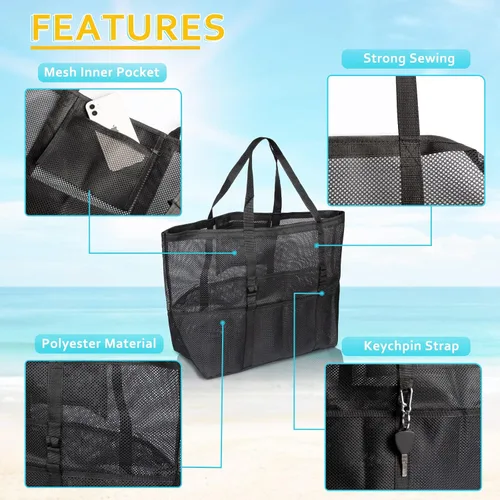 Vista 4 de SRISE Mesh Beach Bag - Large Beach Tote Bag for Family Beach Bag for Toys & Vacation Essentials