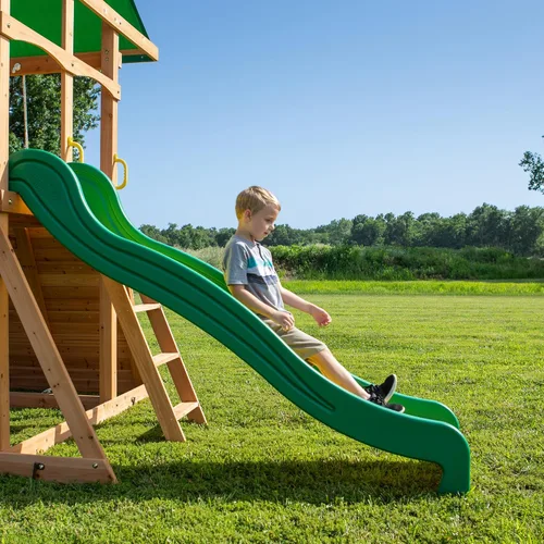 Vista 7 de Backyard Discovery Mount Mckinley - Juego de columpio de madera de cedro con tobogán de olas, plataforma de juego, pared de escalada doble, escalera