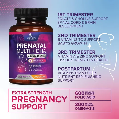 Vista 5 de Vitaminas prenatales para mujeres con ácido fólico + Omega 3 DHA para el desarrollo del cerebro fetal, el mejor suplemento de vitamina prenatal