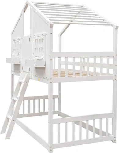 Vista 9 de VECELO Full Over Full House Bunk Bed with Safety Rail, Ladder, Windows & Doors, Solid Wood Playhouse Bunk Bed, No Box Spring Needed, White