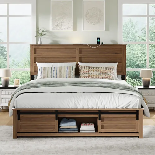 Vista 11 de Base de cama tamaño matrimonial con cabecero de madera, estructura de cama de plataforma de madera con estribo de puerta corrediza de granero