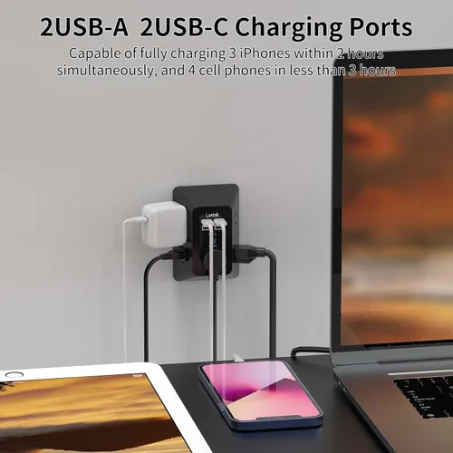 Vista 3 de Extensor de tomacorriente, protector de sobretensiones con 5 enchufes múltiples y 4 puertos USB (2 USB C), cargador de pared de regleta