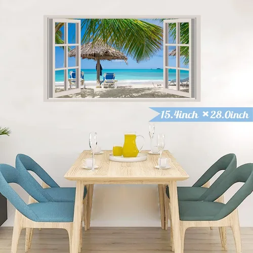 Vista 5 de Adhesivo de pared de playa 3D falso para ventanas, calcomanías de pared de paisaje marino de playa, calcomanías extraíbles 3D para paredes de Blue