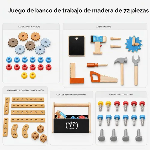Vista 5 de PairPear - Banco de herramientas de madera para niños, banco de trabajo grande con juego de herramientas con caja de juguetes