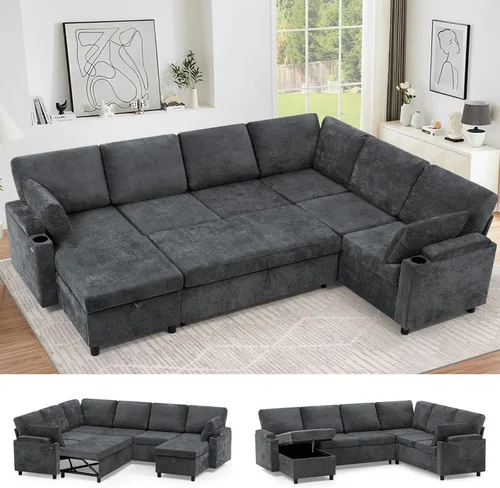 Vista 17 de Sofá modular de felpilla de 85 pulgadas con cama extraíble y Marrón