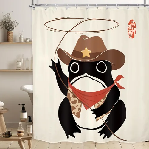 Vista 15 de Juego Divertido de Cortina de Rana Retro para Ducha, Juego de Baño 48x71 Pulgadas, Estilo Asiático Lindo, Arte Japonés Tradicional de Pato de Goma