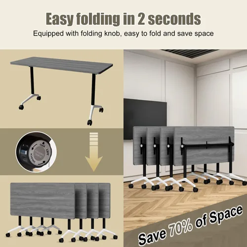 Vista 3 de 2Pack Folding Conference Table, 47.2in Modular Training Table with Wheels Grey
